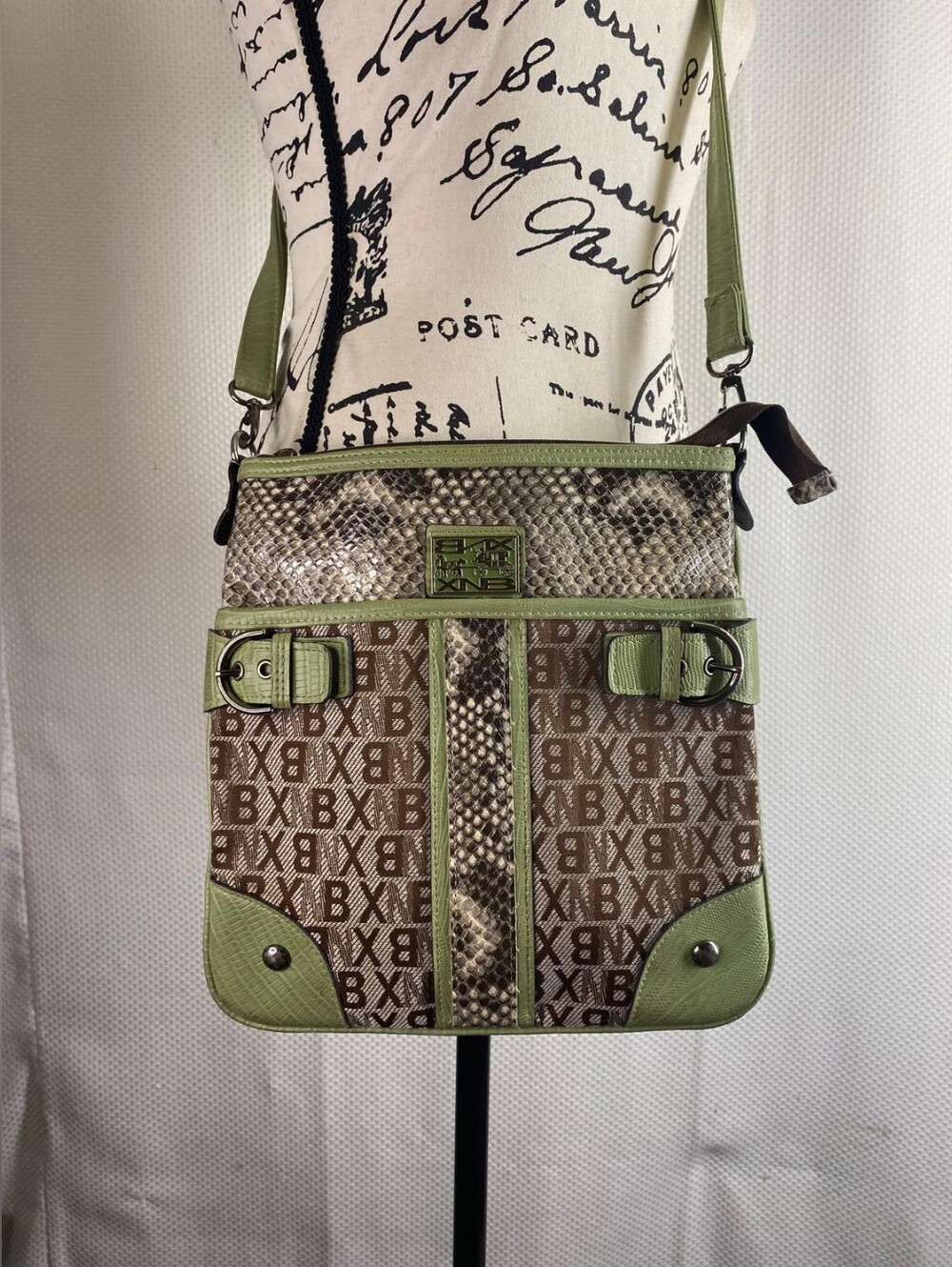 BNX Y2K Crossbody Bag Green Snakeskin Monogram Logo Utility Cargo Purse Vintage